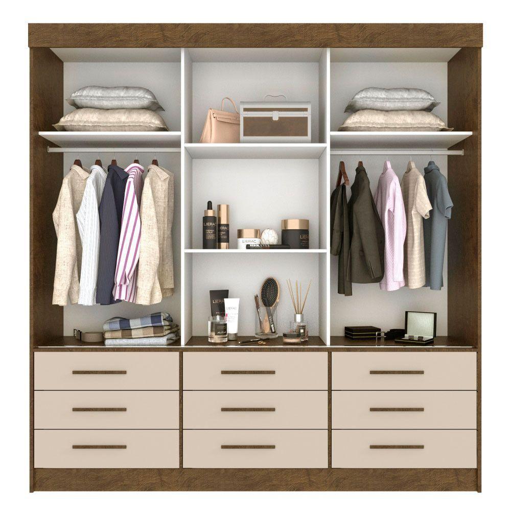 Guarda Roupa Casal Com Espelho 3 Portas 9 Gavetas New Star Sallêto Móveis Ipê Com Off White - 4