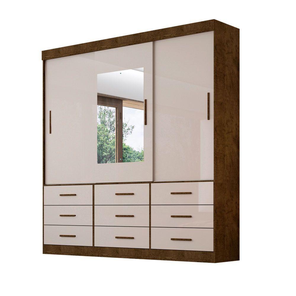 Guarda Roupa Casal Com Espelho 3 Portas 9 Gavetas New Star Sallêto Móveis Ipê Com Off White - 6