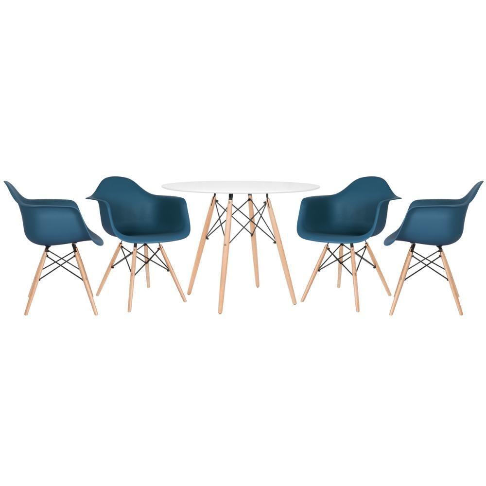 Mesa Redonda Eames 100 Cm Branco + 4 Cadeiras Eiffel Daw Azul Petróleo Azul Petróleo - 1