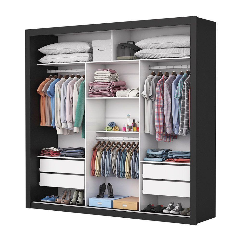 Guarda Roupa Casal Isabela Master Com Espelho 3 Portas De Correr 4 Gavetas Carioca Moveis Preto - 2