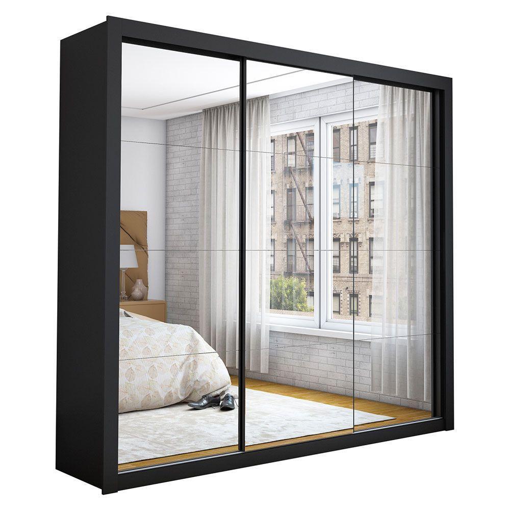 Guarda Roupa Casal Isabela Master Com Espelho 3 Portas De Correr 4 Gavetas Carioca Moveis Preto - 5