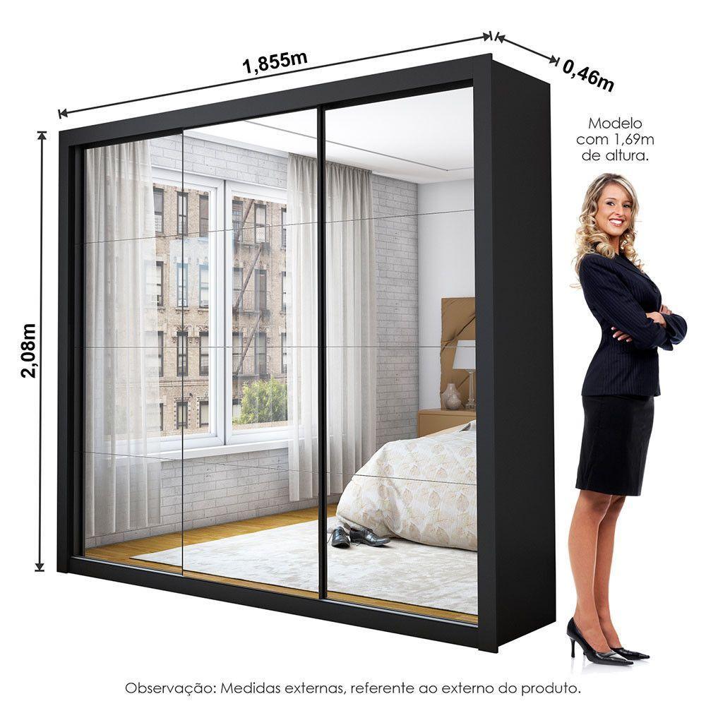 Guarda Roupa Casal Isabela Master Com Espelho 3 Portas De Correr 4 Gavetas Carioca Moveis Preto - 7