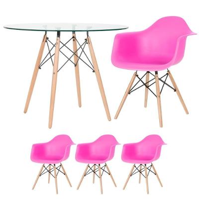 Mesa Redonda Tampo De Vidro 100 Cm + 3 Cadeiras Rosa