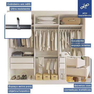 Guarda Roupa Casal Isabela 3 Portas de Correr 4 Gavetas Branco MDP com Espelho