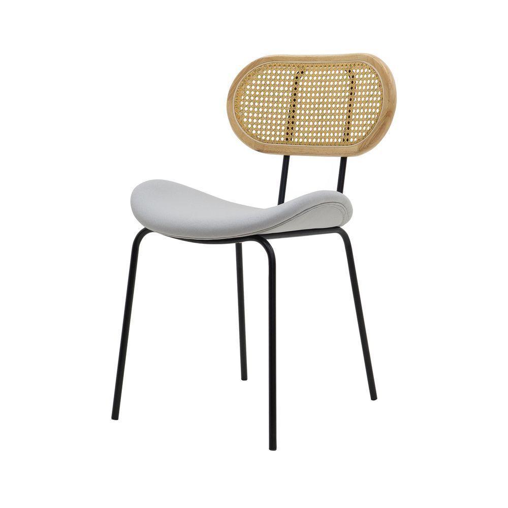 Cadeira De Jantar Toscana Base Preta Assento em Tecido Cinza e Encosto em Rattan - 1