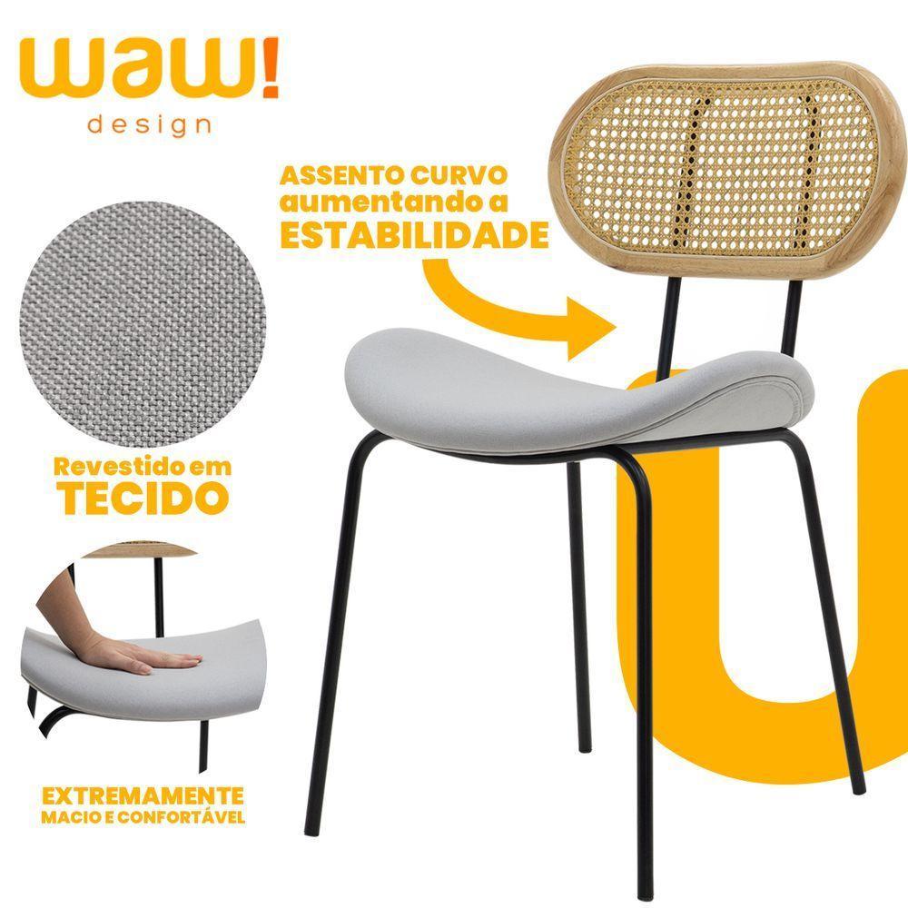 Cadeira De Jantar Toscana Base Preta Assento em Tecido Cinza e Encosto em Rattan - 2