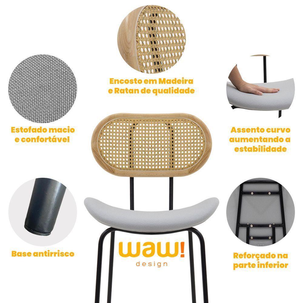 Cadeira De Jantar Toscana Base Preta Assento em Tecido Cinza e Encosto em Rattan - 4