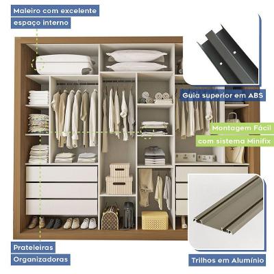 Guarda Roupa Casal Ravena 3 Portas de Correr 6 Gavetas Carvalho com Espelho MDP