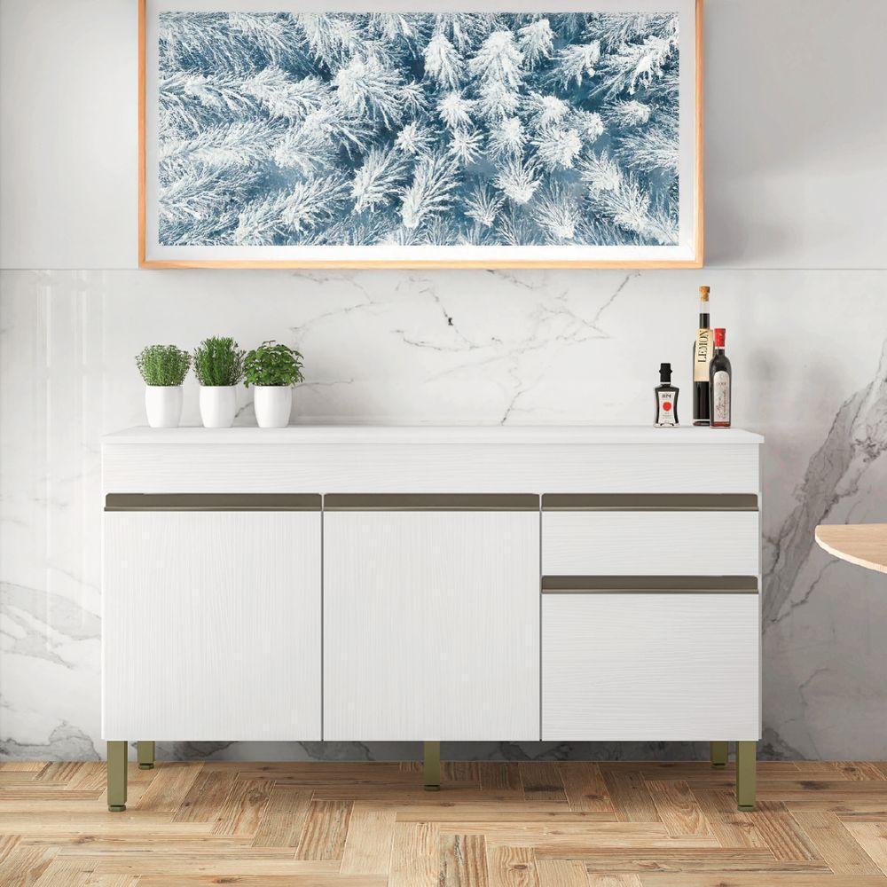 Balcão Gabinete De Cozinha 3 Portas 1 Gaveta Com Tampo 1,50m Line Kit's Paraná Madeirado Branco - 2
