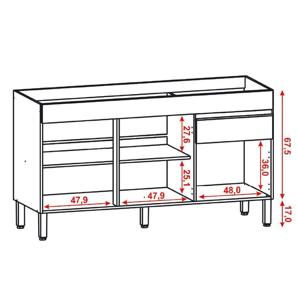 Balcão Gabinete De Cozinha 3 Portas 1 Gaveta Com Tampo 1,50m Line Kit's Paraná Madeirado Branco - 4