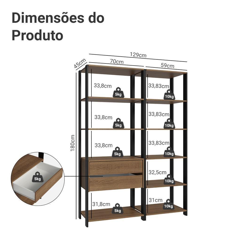 Guarda-roupa Closet Modulado Valencia 2 Gavetas 9 Prateleiras 129cm Madesa Rustic/preto - 3