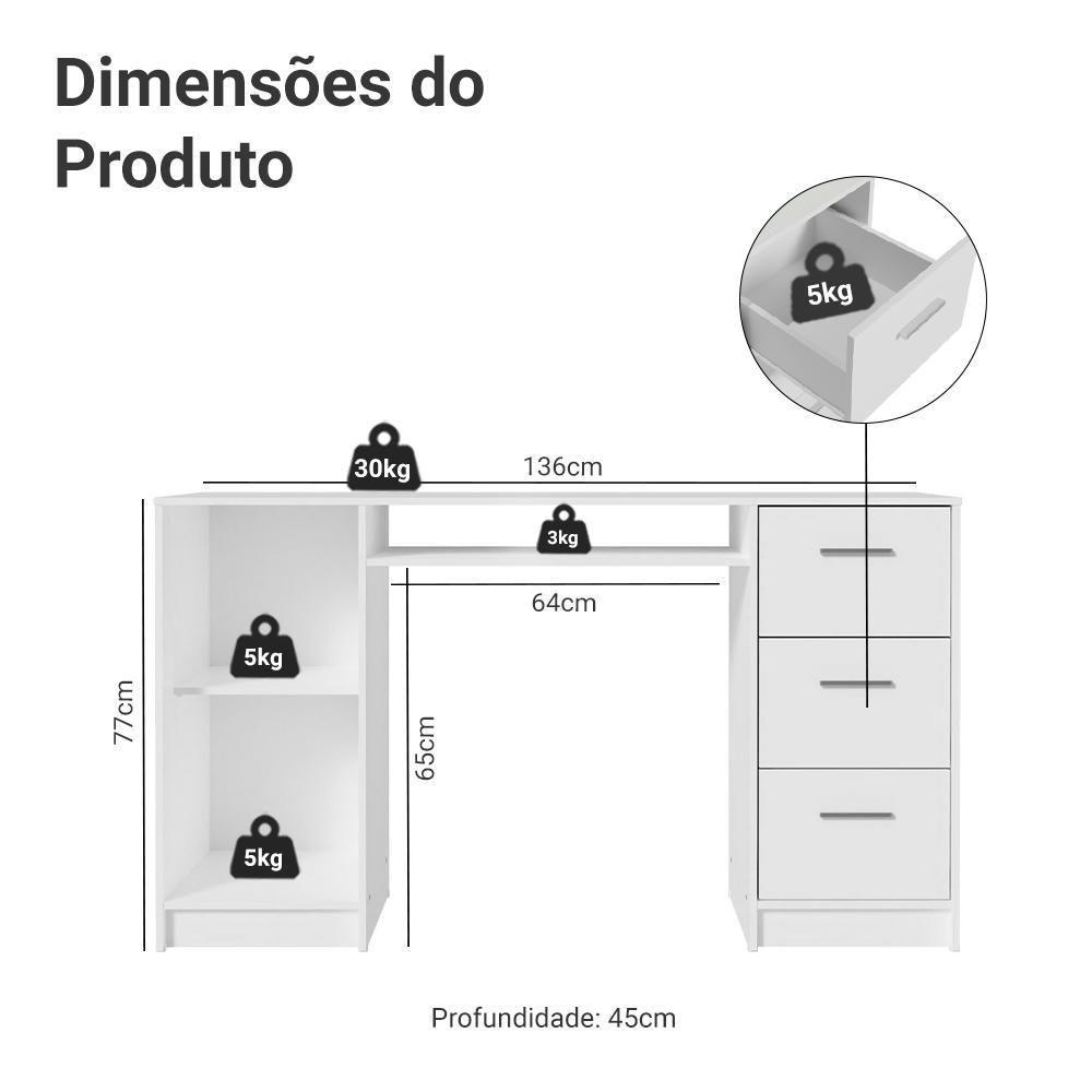 Escrivaninha Penteadeira 136cm 1 Porta 3 Gavetas Madesa Branco - 3