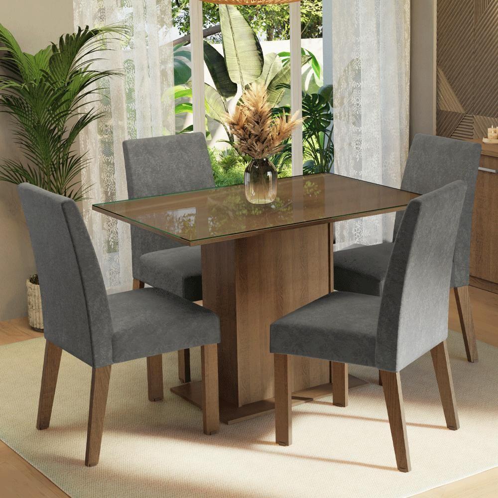 Conjunto Sala De Jantar Mesa Tampo De Vidro 4 Cadeiras Zion Madesa Rustic/silver - 1