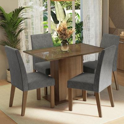 Conjunto de Jantar Zion 4 Lugares Mesa com Tampo de Vidro Temperado e Cadeiras Estofadas Rustic