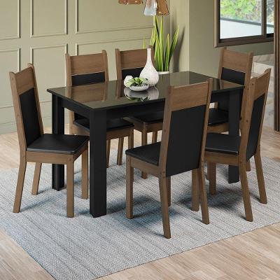 Conjunto de Jantar Zoe 6 Lugares Tampo de Vidro com Cadeiras Estofadas Preto Rustic