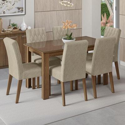 Conjunto Sala de Jantar Odara 6 Lugares Tampo de Vidro com Cadeiras Estofadas Rustic