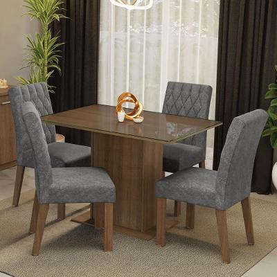 Conjunto de Jantar Reale 4 Lugares Mesa com Tampo de Vidro Temperado e Cadeiras Estofadas Rustic
