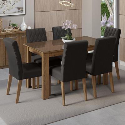 Conjunto de Jantar Odara 6 Lugares Tampo de Vidro com Cadeiras Estofadas Rustic Oxford