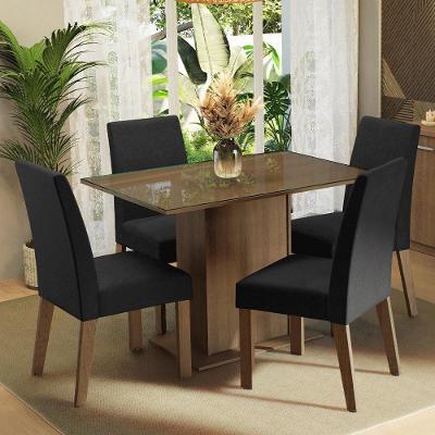 Conjunto Sala de Jantar Zion 4 Lugares Mesa com Tampo de Vidro Temperado e Cadeiras Estofadas Rustic