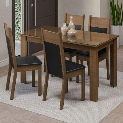 Conjunto de Jantar Eloá 4 Lugares Tampo de Vidro com Cadeiras Estofadas Rustic e Preto