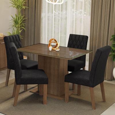 Conjunto Sala de Jantar Reale 4 Lugares Mesa com Tampo de Vidro e Cadeiras Estofadas Rustic