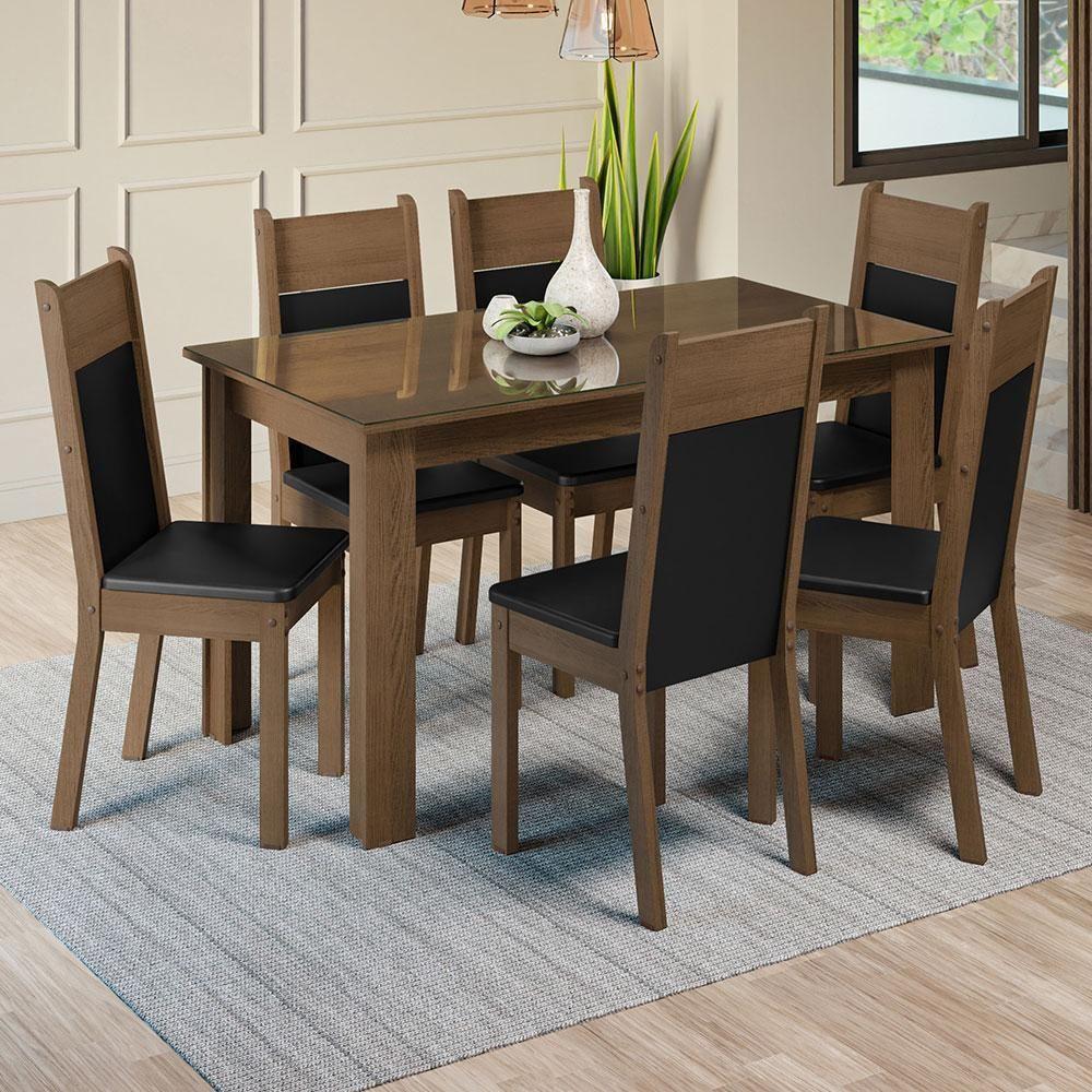 Conjunto Sala De Jantar Mesa Tampo De Vidro 6 Cadeiras Zoe Madesa Rustic/preto - 1