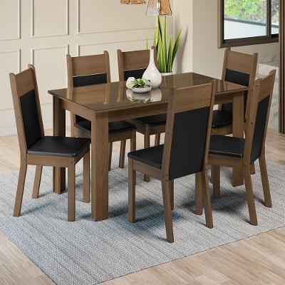 Conjunto de Jantar Zoe 6 Lugares Tampo de Vidro com Cadeiras Estofadas Rustic Preto