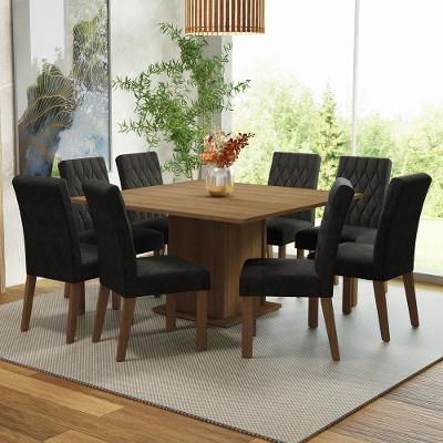 Conjunto de Jantar Leila 8 Lugares Tampo em MDP com Cadeiras Estofadas Rustic 136x136
