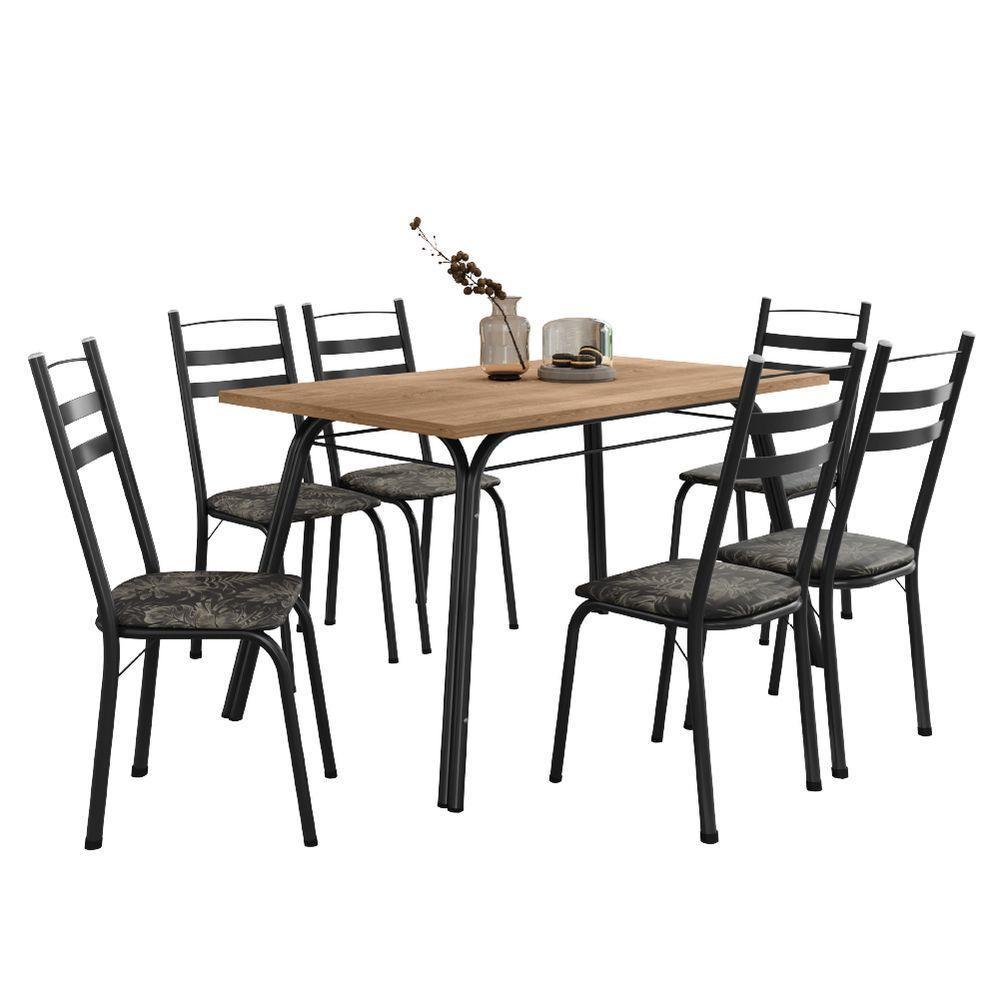 Conjunto De Mesa Sala De Jantar Com 6 Cadeiras Tubular Tampo Bp Madeirado Retangular 1,36m Preto/flor - 1