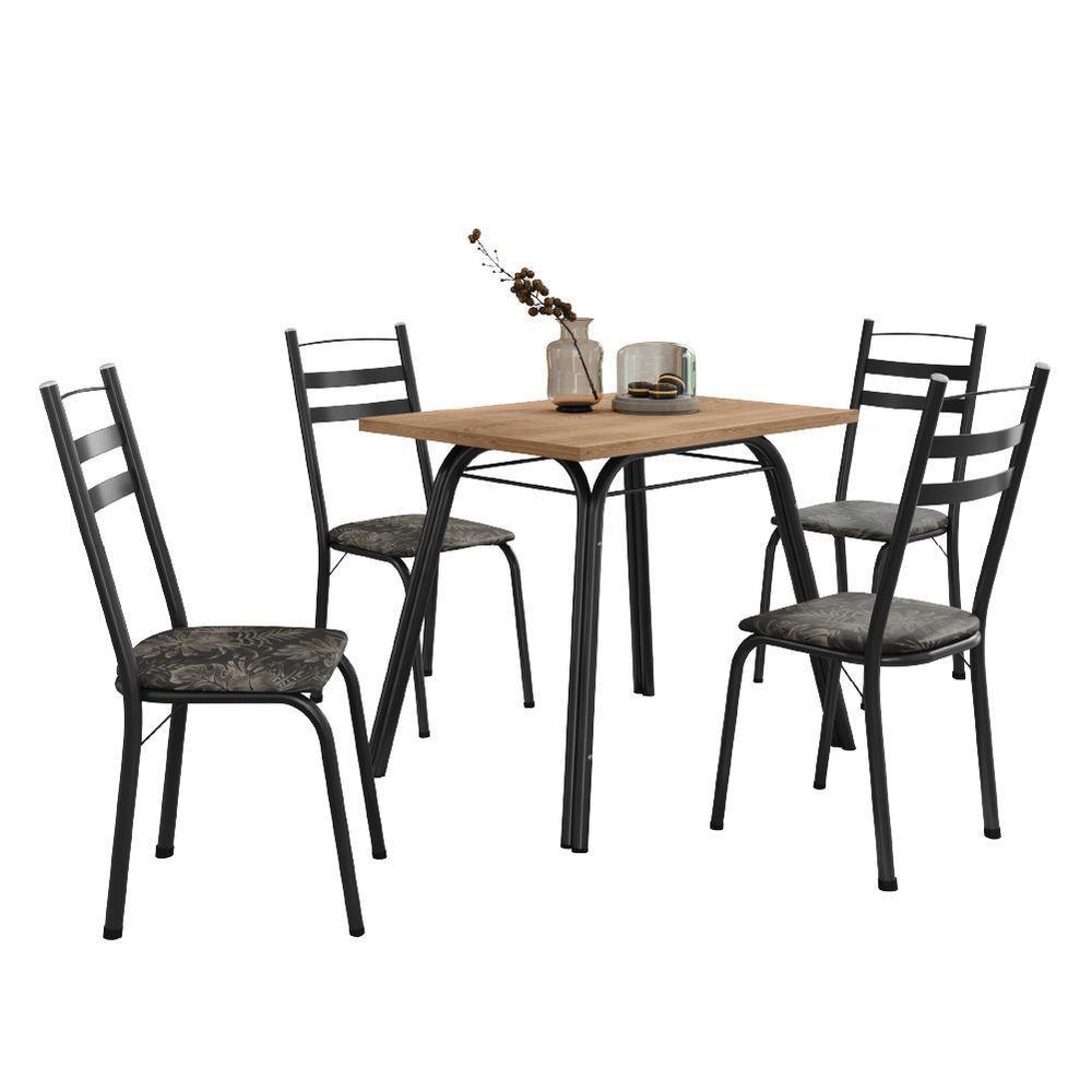 Conjunto De Mesa Sala De Jantar Com 4 Cadeiras Tubular Tampo Bp Madeirado Retangular Preto/flor - 1