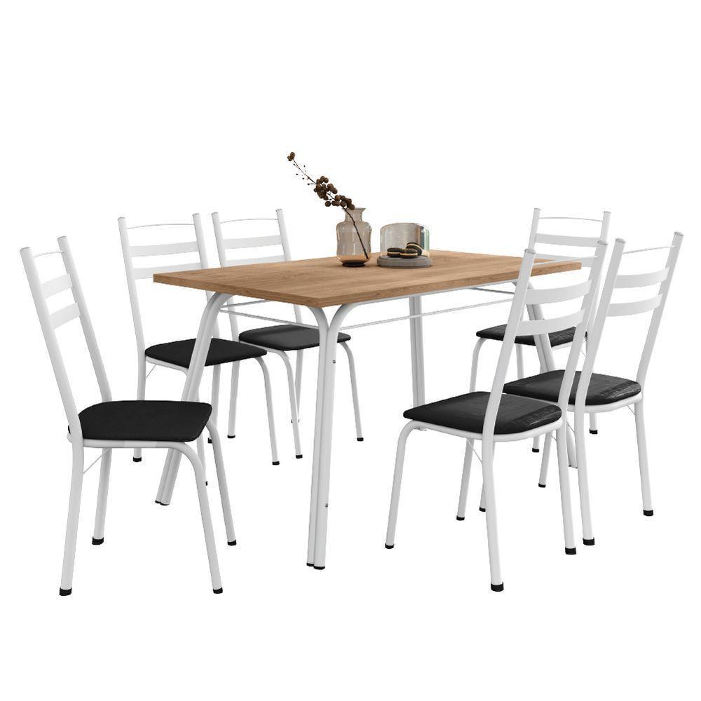 Conjunto De Mesa Sala De Jantar Com 6 Cadeiras Tubular Tampo Bp Madeirado Retangular 1,36m Branco / Preto - 1