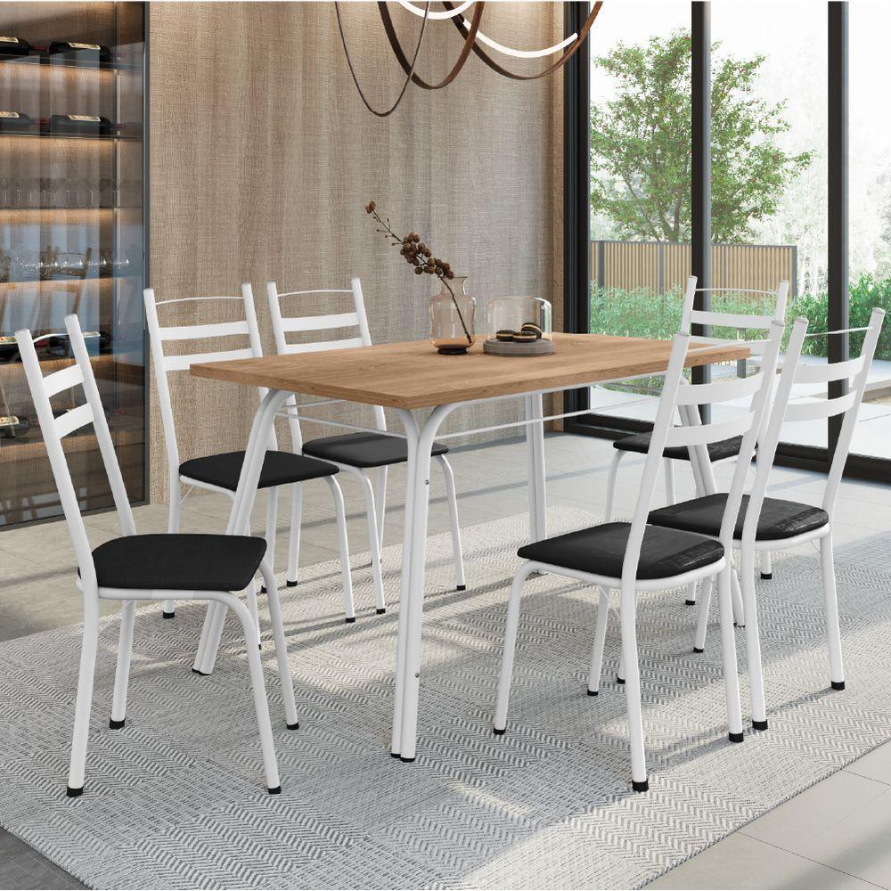 Conjunto De Mesa Sala De Jantar Com 6 Cadeiras Tubular Tampo Bp Madeirado Retangular 1,36m Branco / Preto - 2