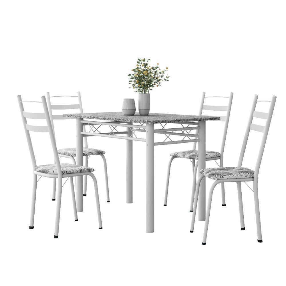Conjunto De Mesa Sala De Jantar Com 4 Cadeiras Leia Tubular Granito 1,20m Artefamol Branco / Floral - 1