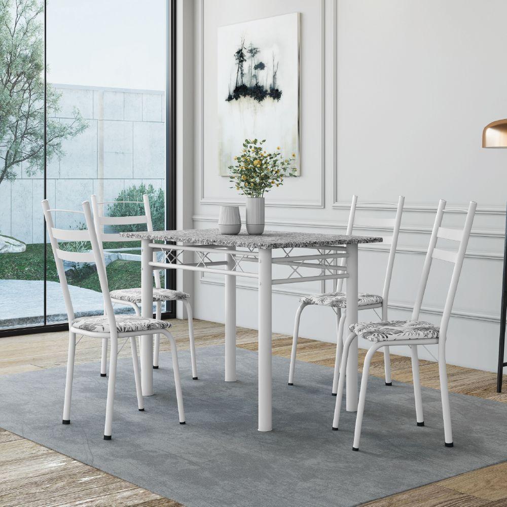 Conjunto De Mesa Sala De Jantar Com 4 Cadeiras Leia Tubular Granito 1,20m Artefamol Branco / Floral - 2