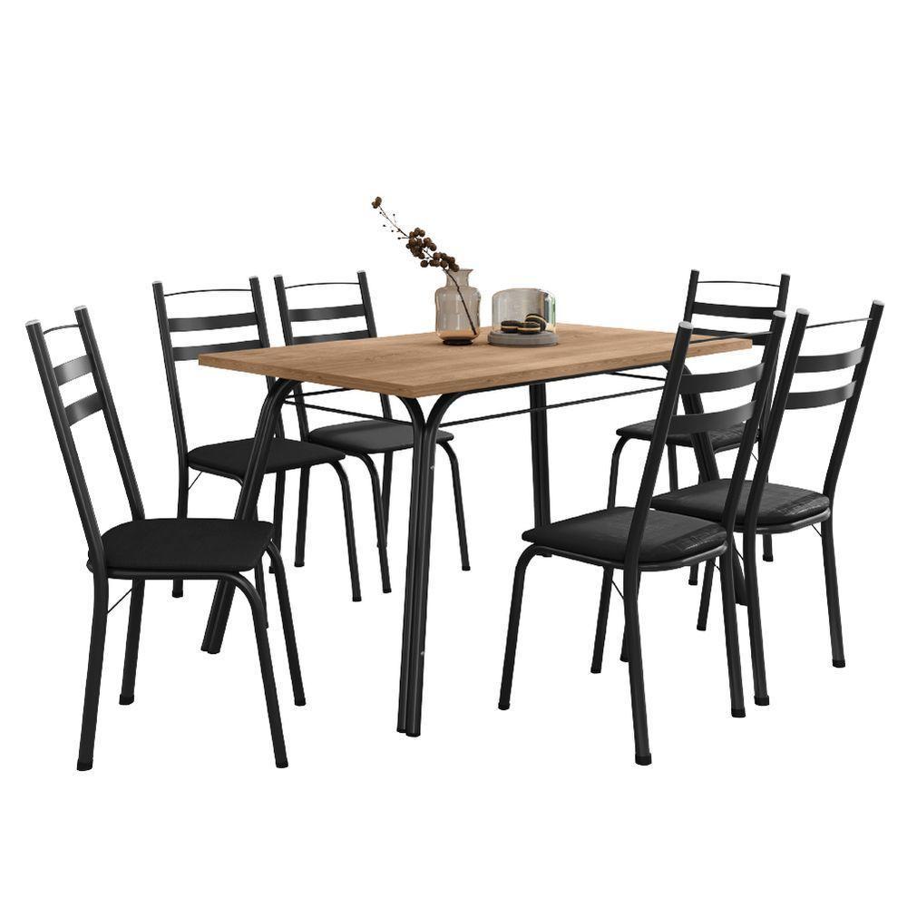 Conjunto De Mesa Sala De Jantar Com 6 Cadeiras Tubular Tampo Bp Madeirado Retangular 1,36m Preto - 1