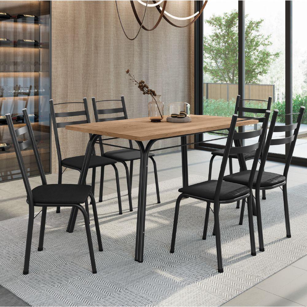 Conjunto De Mesa Sala De Jantar Com 6 Cadeiras Tubular Tampo Bp Madeirado Retangular 1,36m Preto - 2