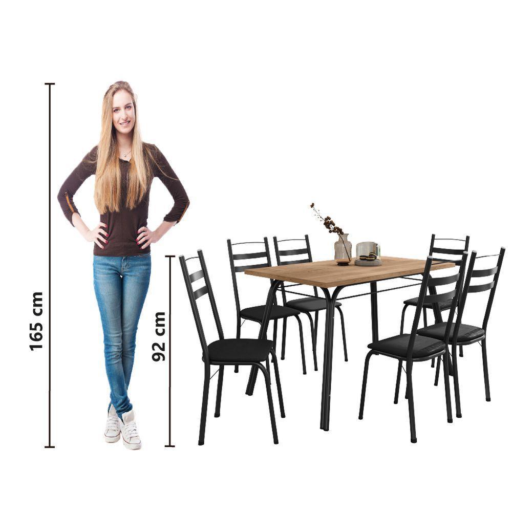 Conjunto De Mesa Sala De Jantar Com 6 Cadeiras Tubular Tampo Bp Madeirado Retangular 1,36m Preto - 6