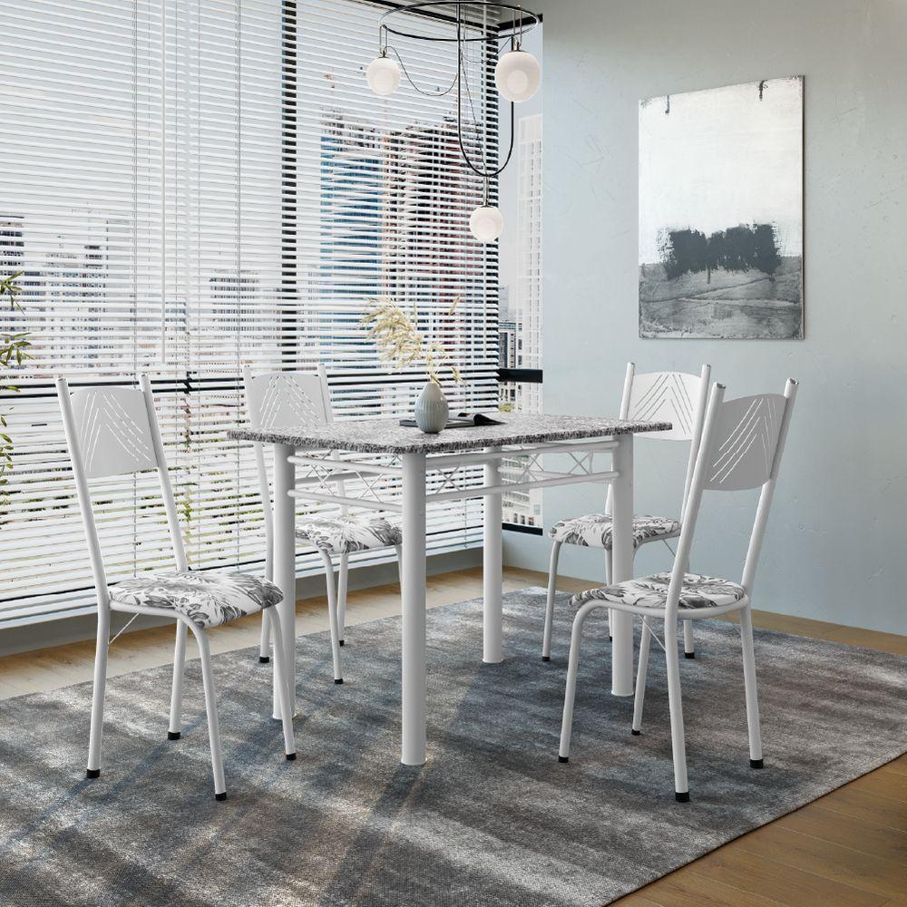 Conjunto De Mesa Sala De Jantar Sara Com 4 Cadeiras Tubular Granito 1,20m Artefamol Branco / Floral - 2