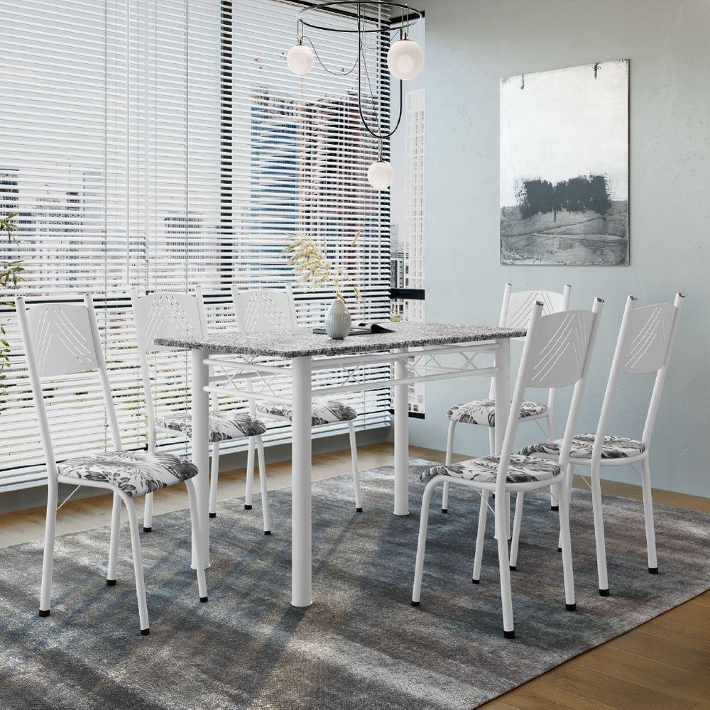 Conjunto De Mesa Sala De Jantar Sara Com 6 Cadeiras Tubular Granito 1,40m Artefamol Branco / Floral - 2