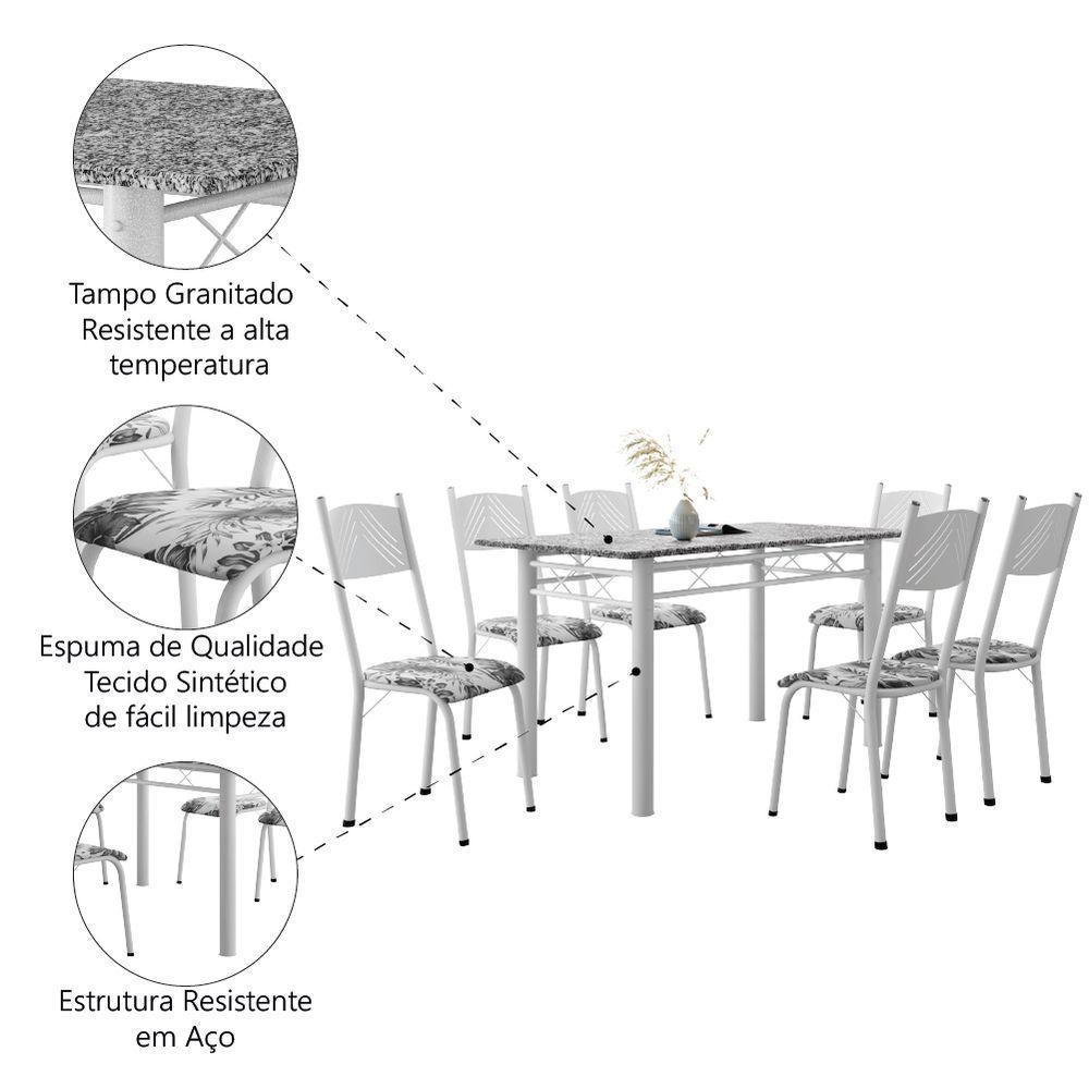 Conjunto De Mesa Sala De Jantar Sara Com 6 Cadeiras Tubular Granito 1,40m Artefamol Branco / Floral - 5