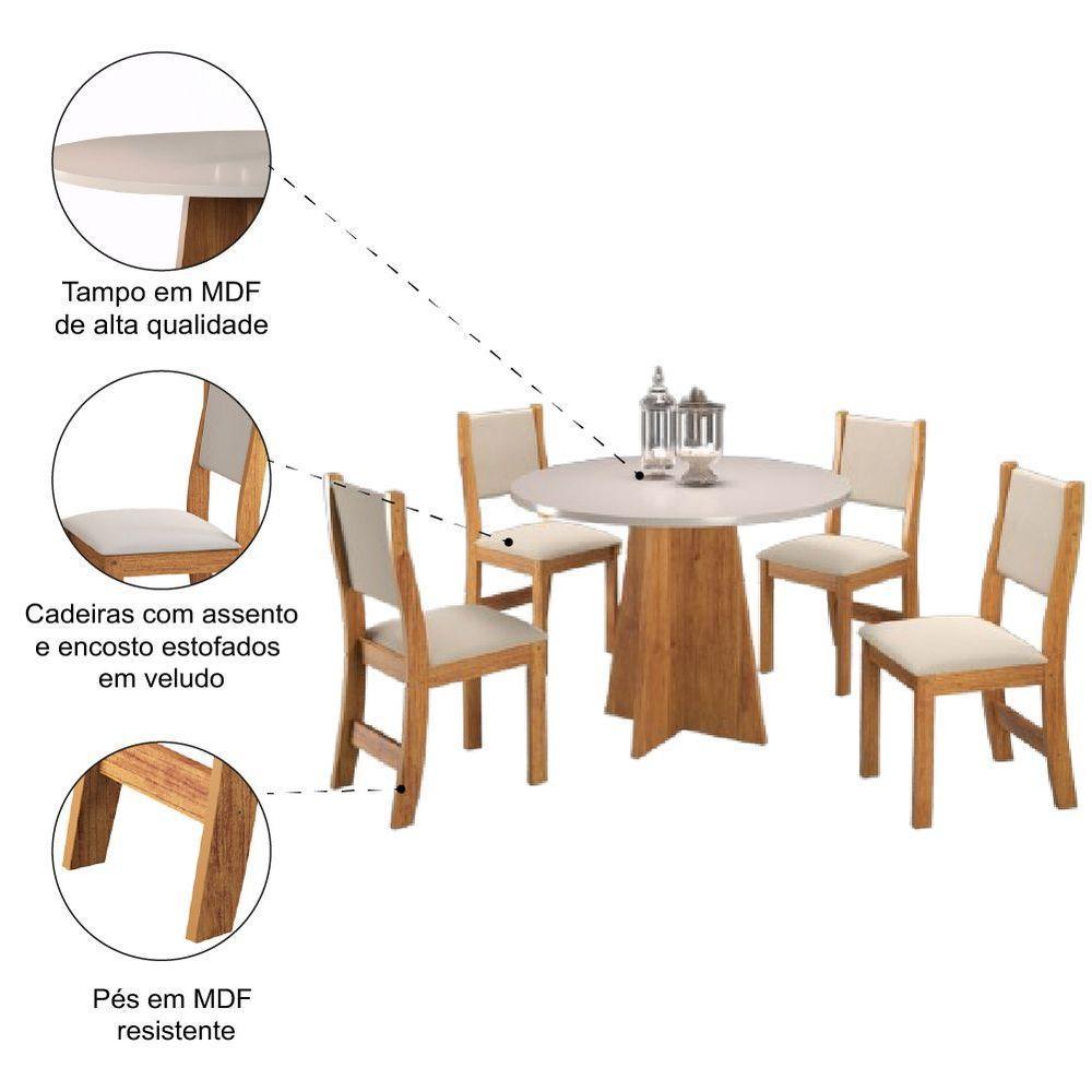 Conjunto De Mesa Sala De Jantar Redonda 0,90m 4 Cadeiras Sone Veludo Viero Madeirado / Marfim - 5