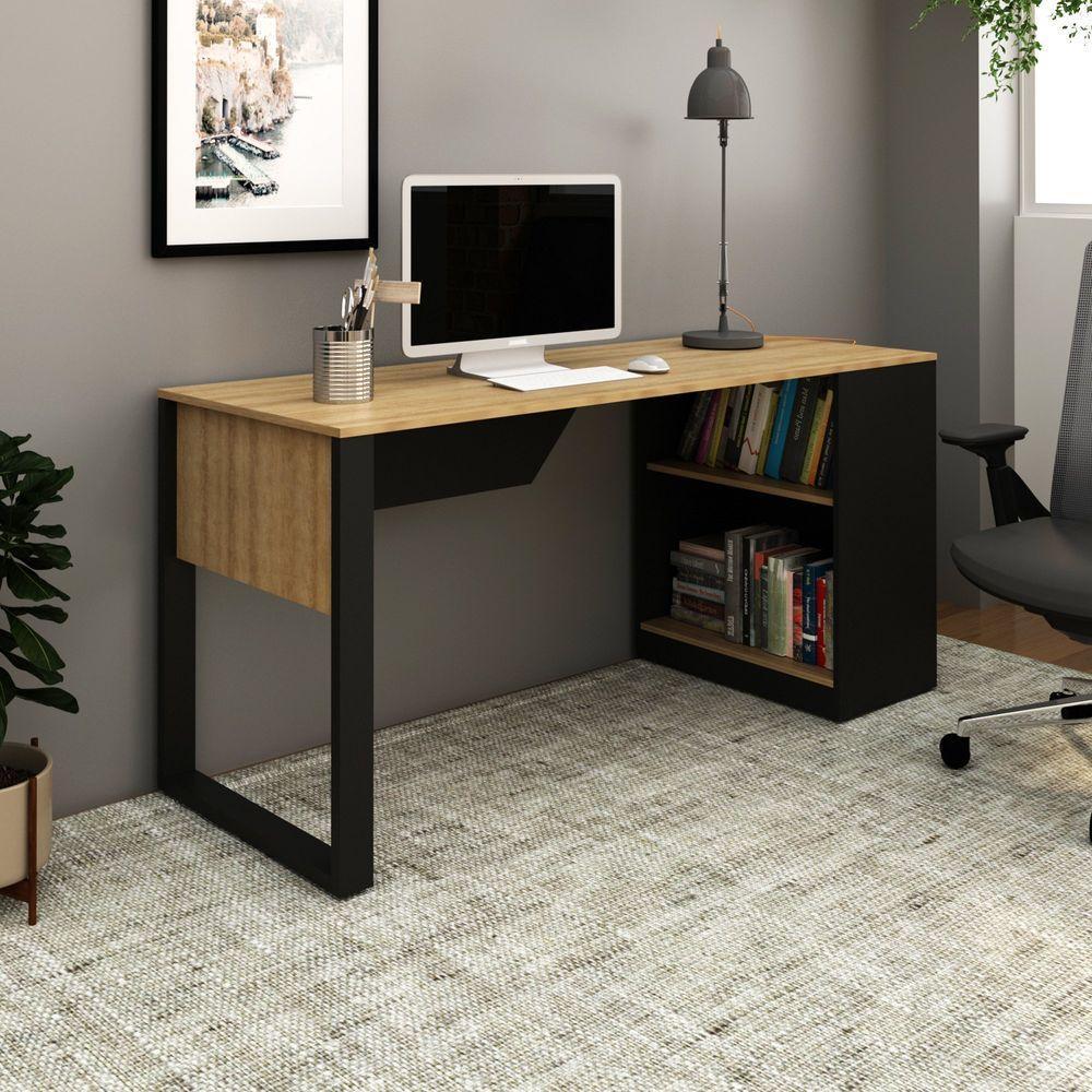 Mesa Para Escritório 160cm Com 2 Prateleiras Amêndoa/preto - 1