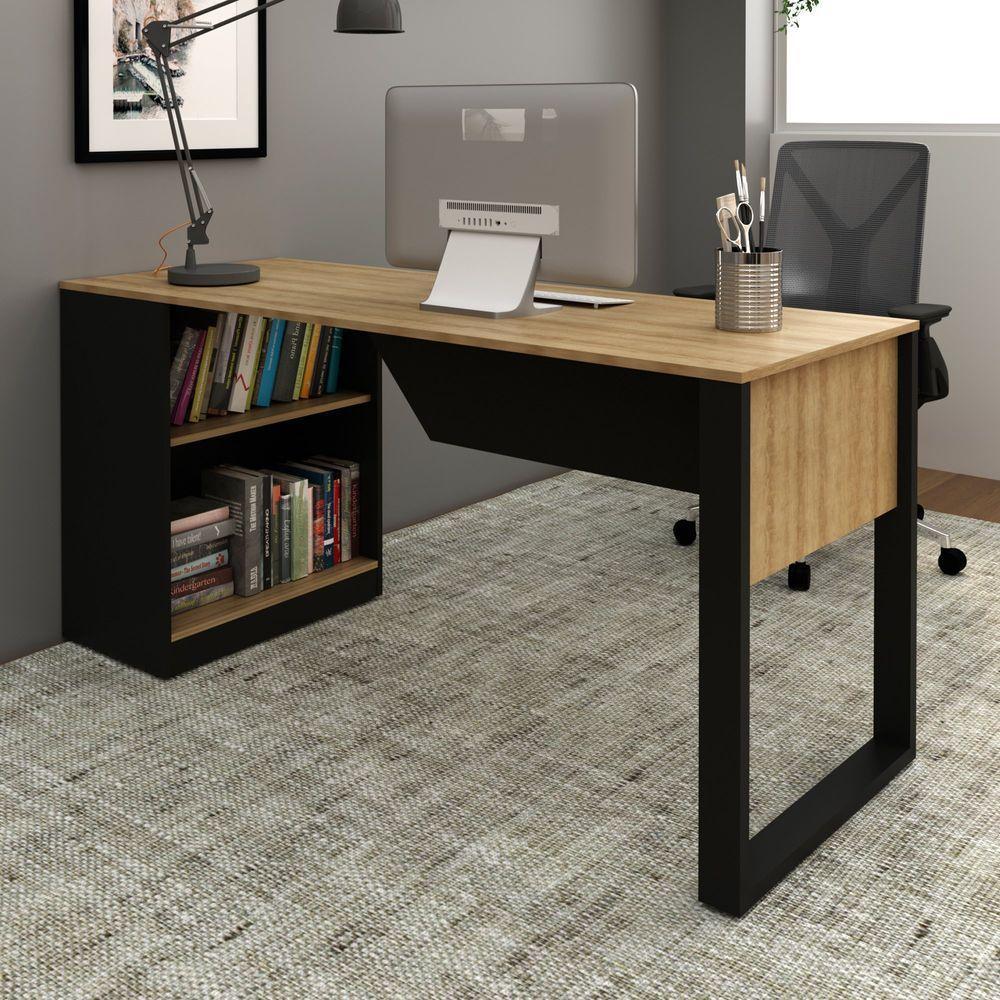 Mesa Para Escritório 160cm Com 2 Prateleiras Amêndoa/preto - 2