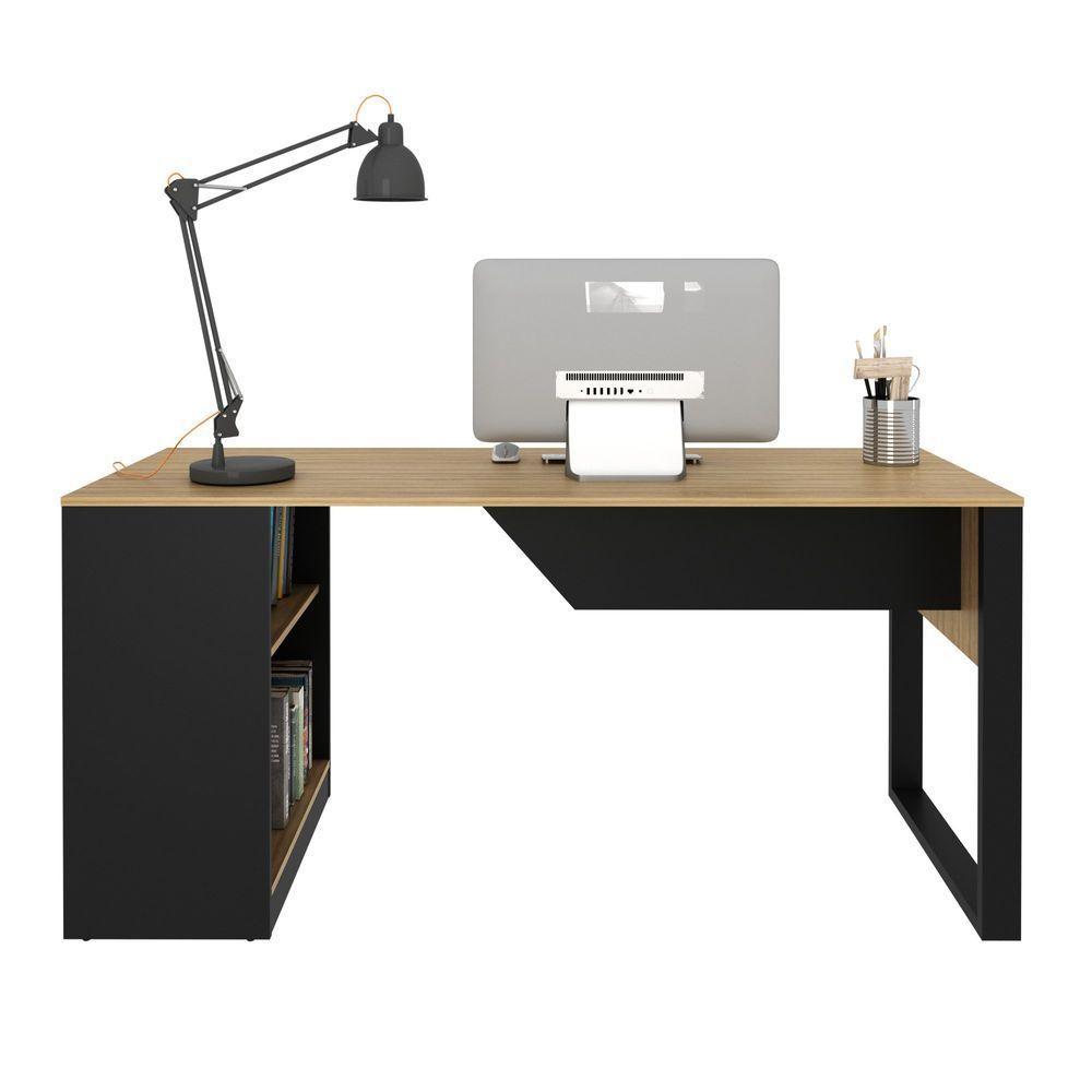 Mesa Para Escritório 160cm Com 2 Prateleiras Amêndoa/preto - 7