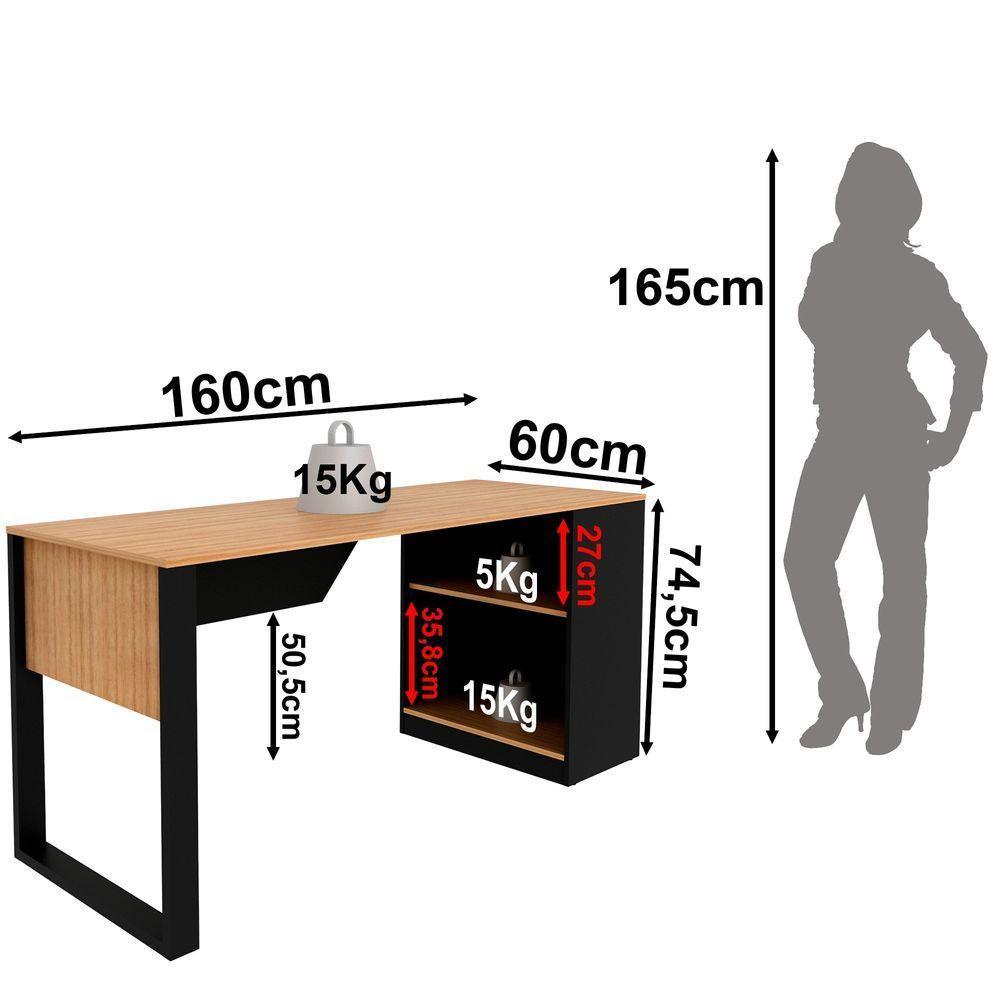 Mesa Para Escritório 160cm Com 2 Prateleiras Amêndoa/preto - 9