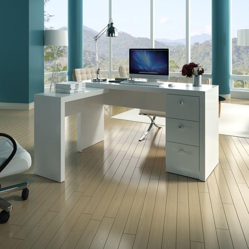 Mesa Para Escritório Com Mesa De Apoio E 3 Gavetas Branco - 2