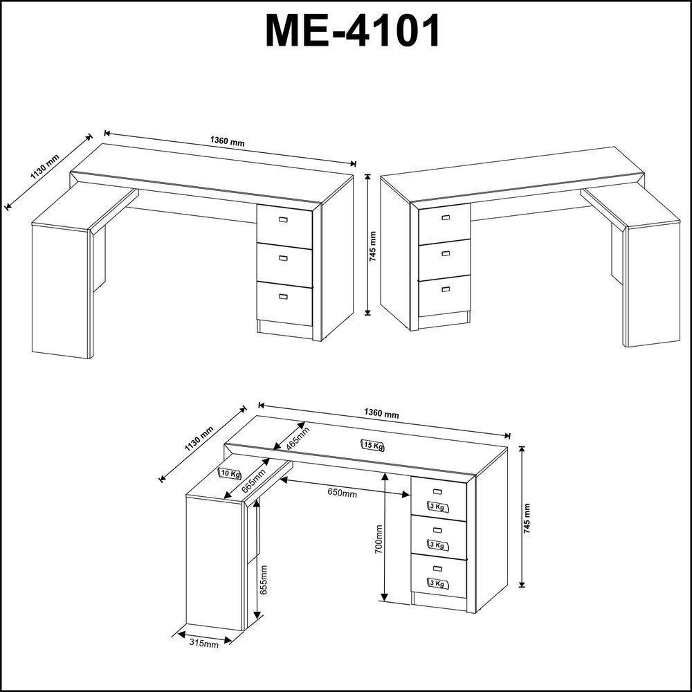 Mesa Para Escritório Com Mesa De Apoio E 3 Gavetas Amêndoa - 3