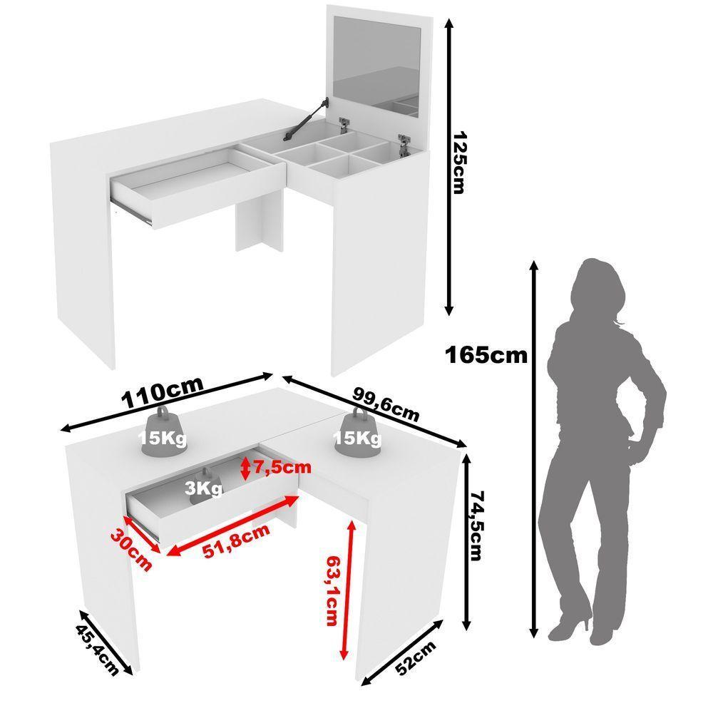 Penteadeira Escrivaninha Para Canto Com Espelho E 1 Gaveta Branco - 6