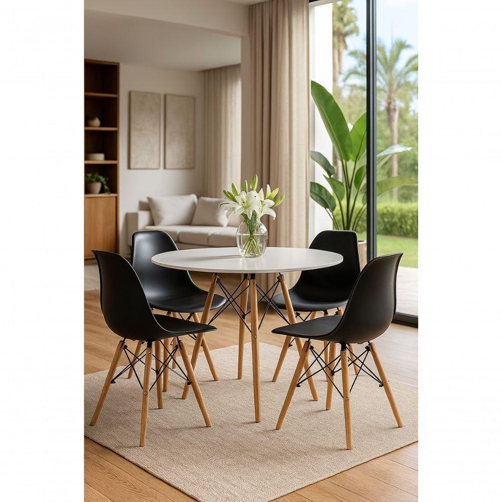 Jogo Mesa Sala Cozinha Jantar Redonda Eiffel 80cm Elegante Branca Mdf Com 4 Cadeiras Charles Eames Pretas - 1