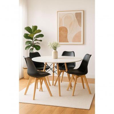 Conjunto De Sala Cozinha Jantar Mesa 120cm Redonda Eiffel Mdf Branco Com 4 Cadeiras Leda Preta